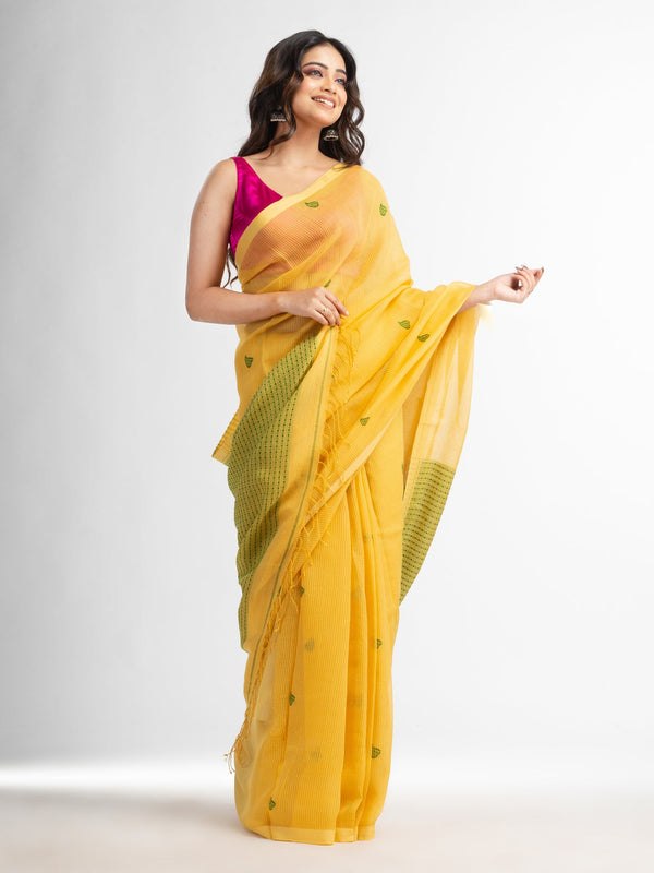 Women's Yellow resham cotton kota check all over Buti jacquqrd Pallu handwoven saree - Angoshobha