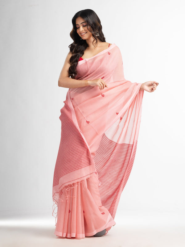 Women's Pink salt resham cotton kota check all over Buti jacquqrd Pallu handwoven saree - Angoshobha