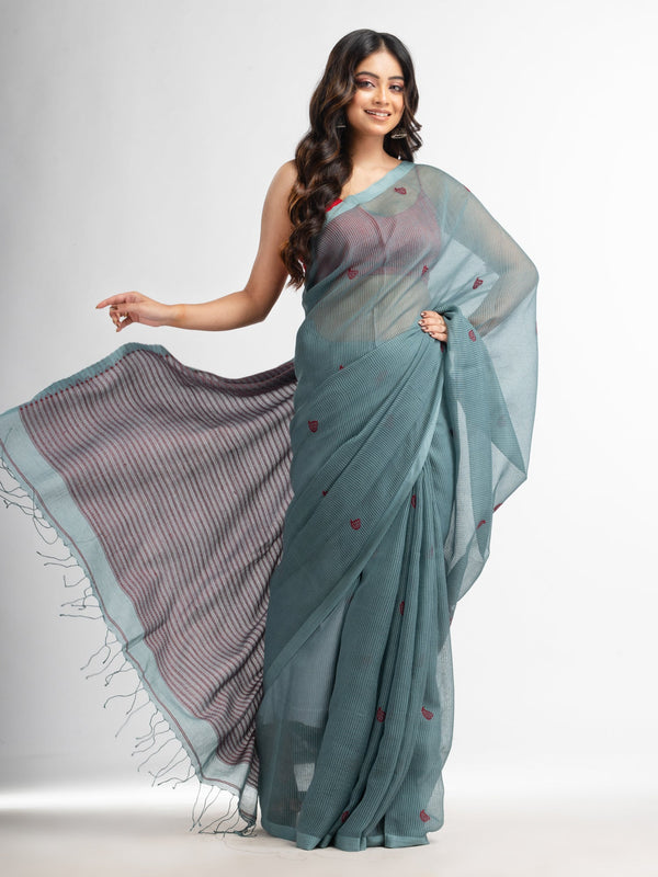 Women's Goofy Grey resham cotton kota check all over Buti jacquqrd Pallu handwoven saree - Angoshobha