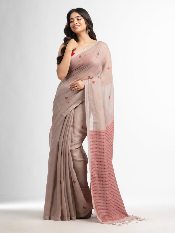 Women's Beige resham cotton kota check all over Buti jacquqrd Pallu handwoven saree - Angoshobha