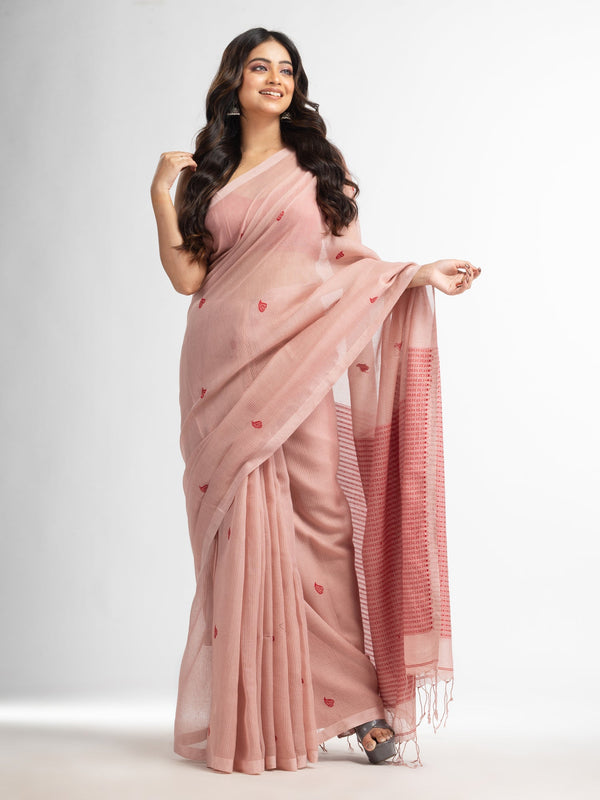 Women's Crystal pink resham cotton kota check all over Buti jacquqrd Pallu handwoven saree - Angoshobha