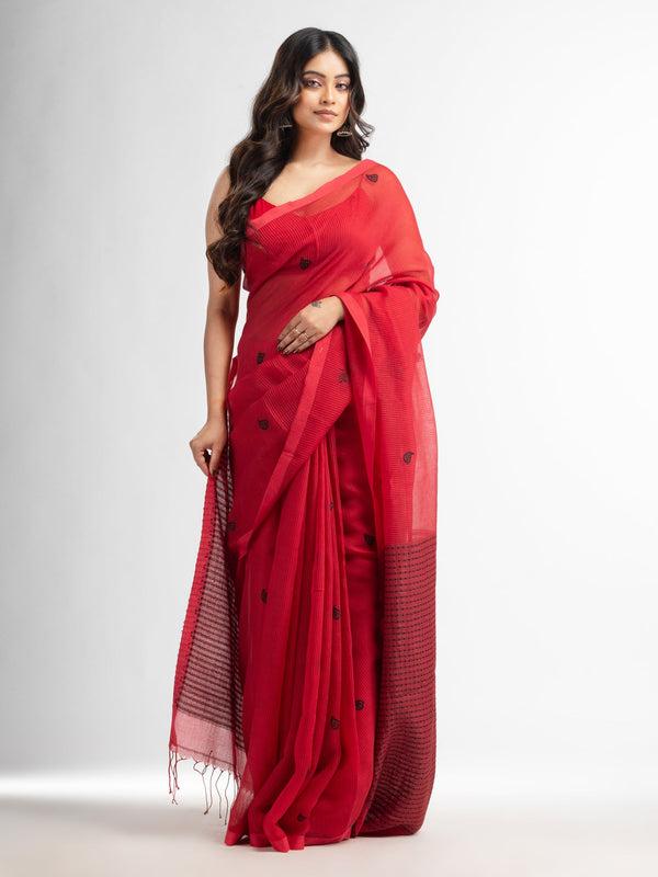 Women's Red resham cotton kota check all over Buti jacquqrd Pallu handwoven saree - Angoshobha