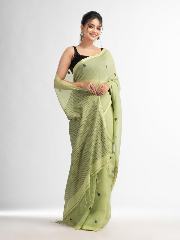 Women's Green resham cotton kota check all over Buti jacquqrd Pallu handwoven saree - Angoshobha