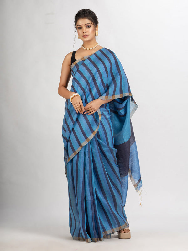 Women's Sky blue And Black Silk Lilne Ckeck Handloom saree - Angoshobha