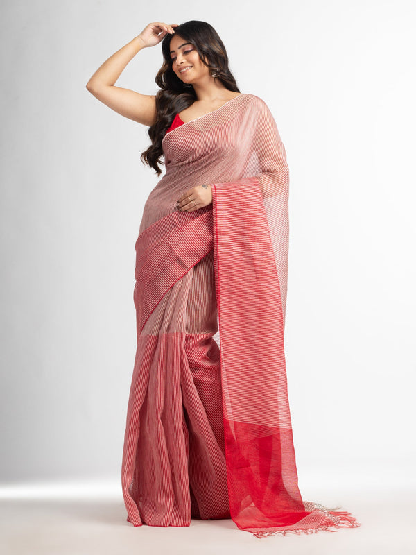 Women's Red all body type check with red pallu handwoven tissue linen saree - Angoshobha