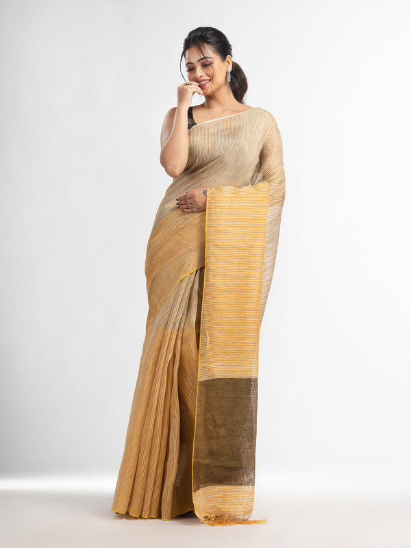 Women's Cream all body type check with black pallu handwoven tissue linen saree - Angoshobha