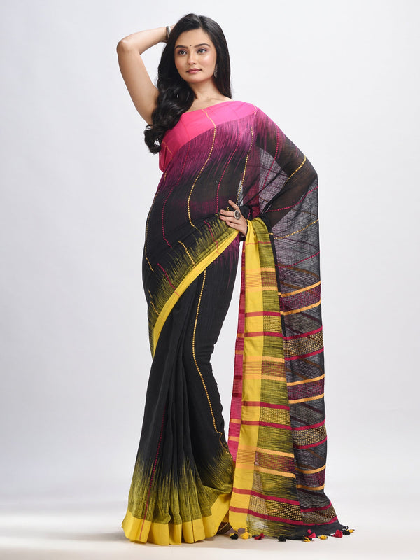 Women's Black cotton tai dai with solid broder in multi colour pallu hondwaven saree - Angoshobha