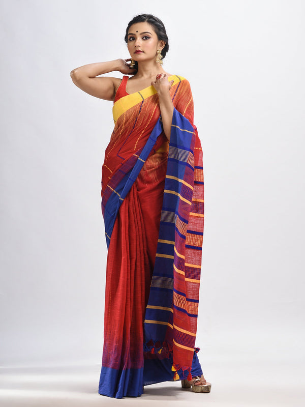 Women's Red cotton tai dai with solid broder in multi colour pallu hondwaven saree - Angoshobha