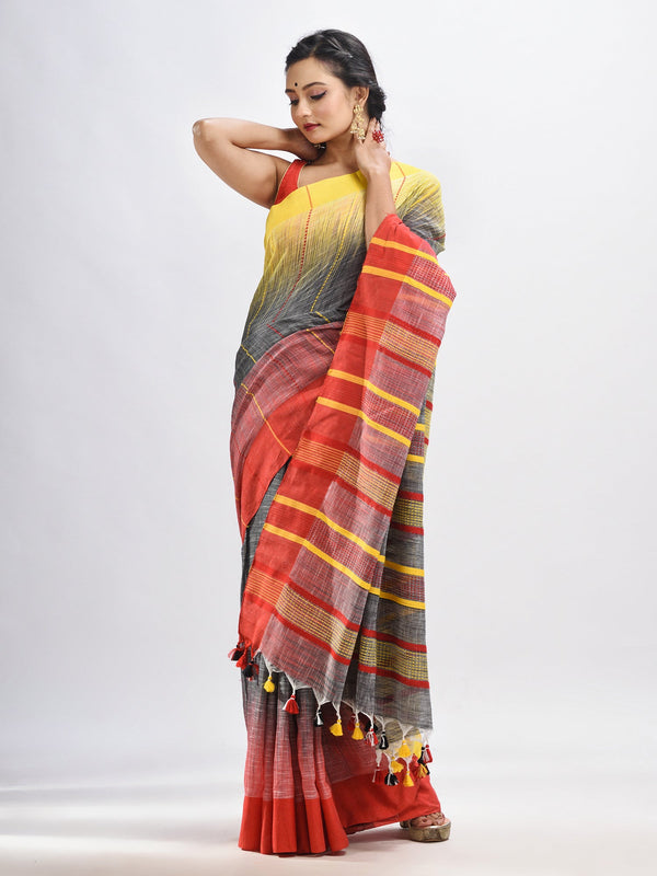 Women's Grey cotton tai dai with solid broder in multi colour pallu hondwaven saree - Angoshobha