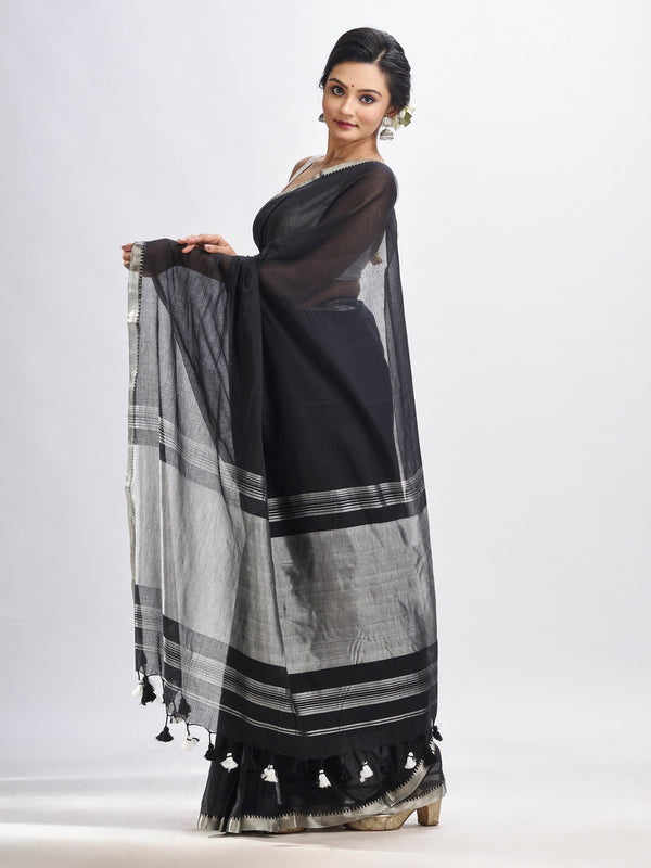 Women's Black Cotton with zari pallu and zari border handloom Saree - Angoshobha