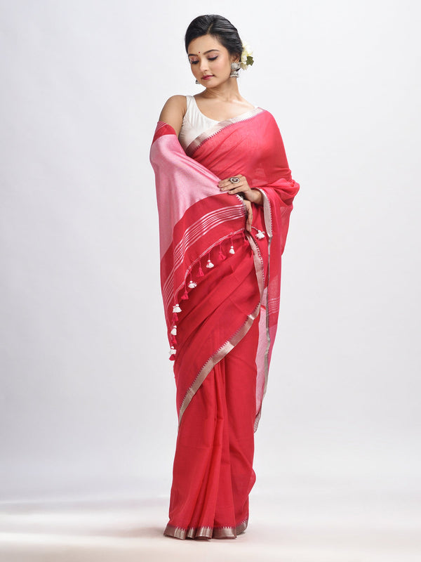 Women's Red Cotton with zari pallu and zari border handloom Saree - Angoshobha