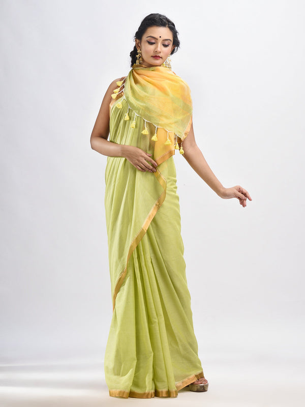 Women's Lemon chiffon Cotton with zari pallu and zari border handloom Saree - Angoshobha