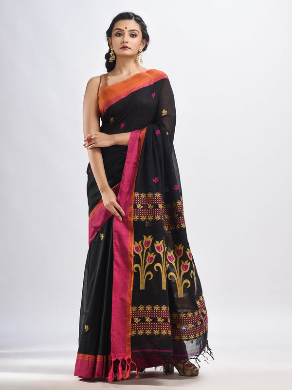 Women's Black cotton Jacquard jamdani saree - Angoshobha