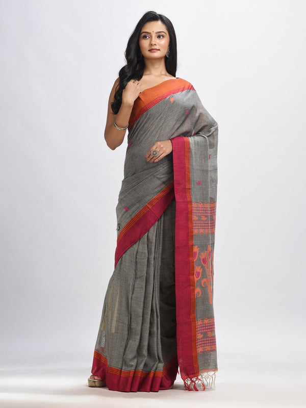 Women's Grey cotton Jacquard jamdani saree - Angoshobha