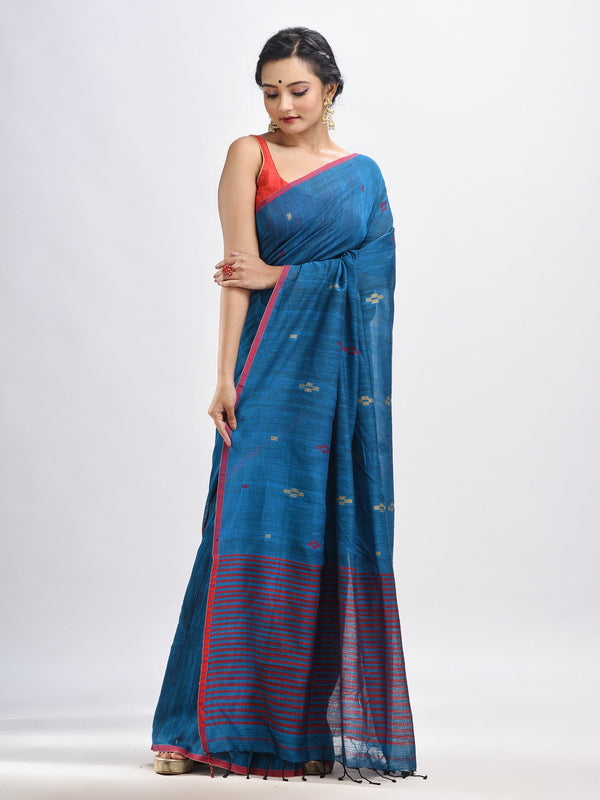 Women's Turquoise cotton pallu stipe handwoven jamdani saree - Angoshobha