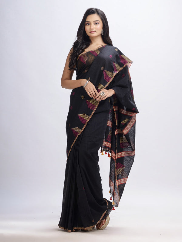 Women's Black cotton temple broder handwoven jamdani saree - Angoshobha