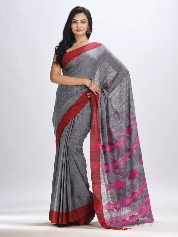 Women's Grey cotton temple broder handwoven jamdani saree - Angoshobha