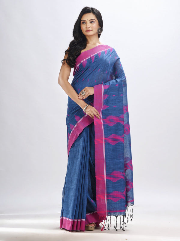 Women's Dusky blue cotton temple broder handwoven jamdani saree - Angoshobha