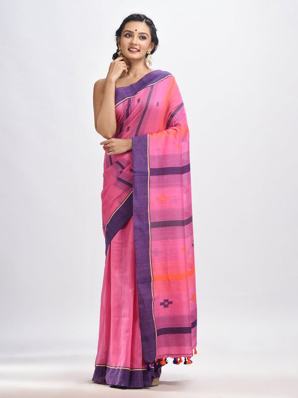 Women's Hot pink cotton handwoven jamdani saree - Angoshobha