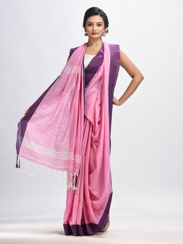 Women's Pink cotton solid body handloom saree - Angoshobha