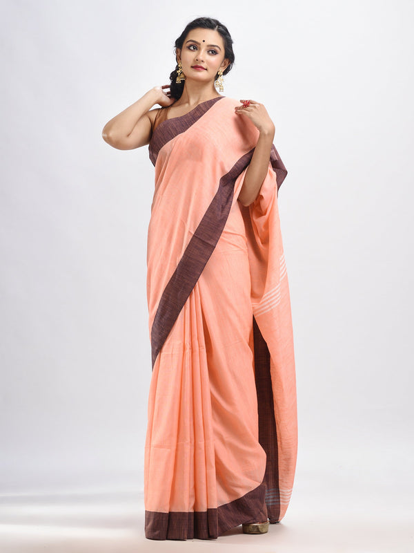 Women's Peach cotton solid body handloom saree - Angoshobha