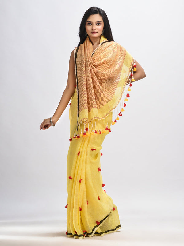 Women's Yellow linen all body pom pom with pallu stipe handwoven saree - Angoshobha