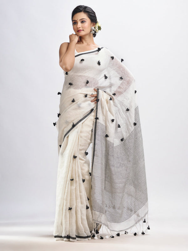 Women's White linen all body pom pom with pallu stipe handwoven saree - Angoshobha