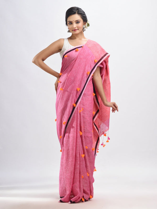 Women's Livid pink linen all body pom pom with pallu stipe handwoven saree - Angoshobha