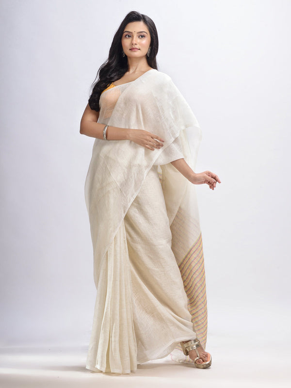 Women's White linen with pallu stipe handloom saree - Angoshobha