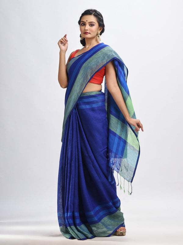 Women's Royal blue linen with pallu stipe handloom saree - Angoshobha