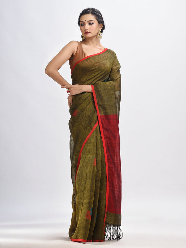 Women's Olive green linen all body buti jamdani saree - Angoshobha