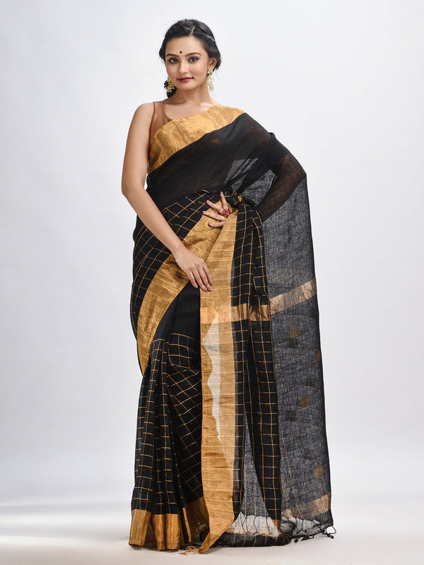 Women's Black linen half check and huff solid body jamdani saree - Angoshobha