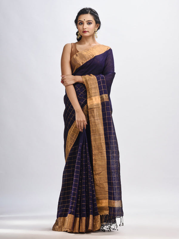 Women's Violet linen half check and huff solid body jamdani saree - Angoshobha