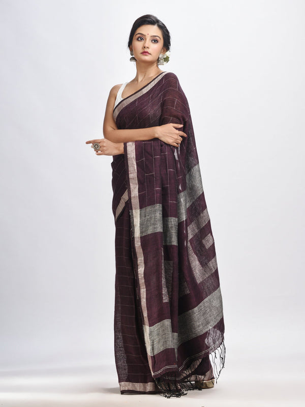 Women's Chocolate brown Traditional Linen Jamdani Saree - Angoshobha