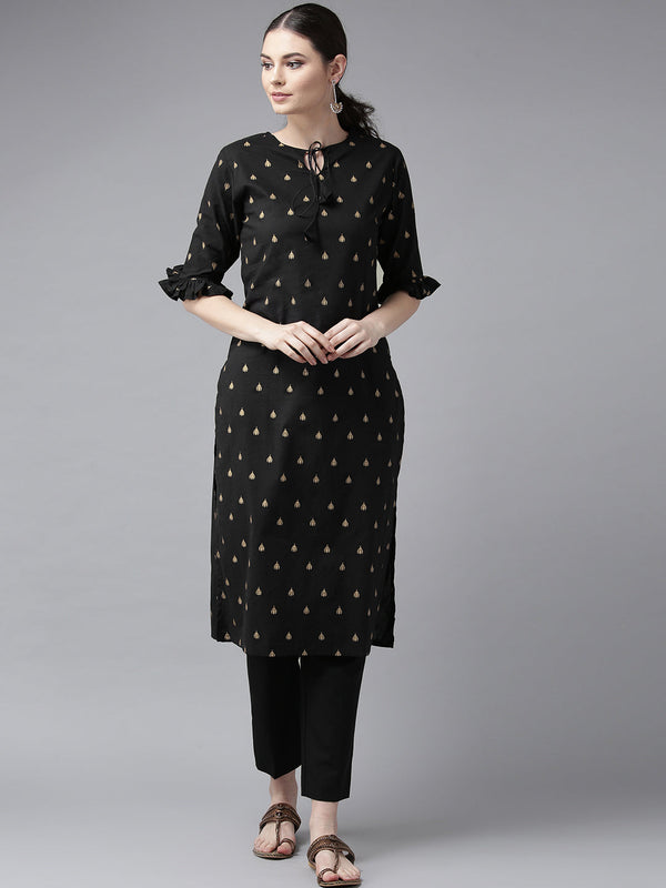 Women's Black And Golden Block Printed Straight Kurta - Bhama Couture