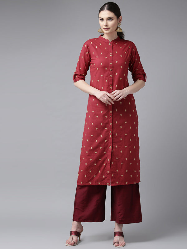 Women's Maroon & Golden Block Printed Straight Kurta - Bhama Couture