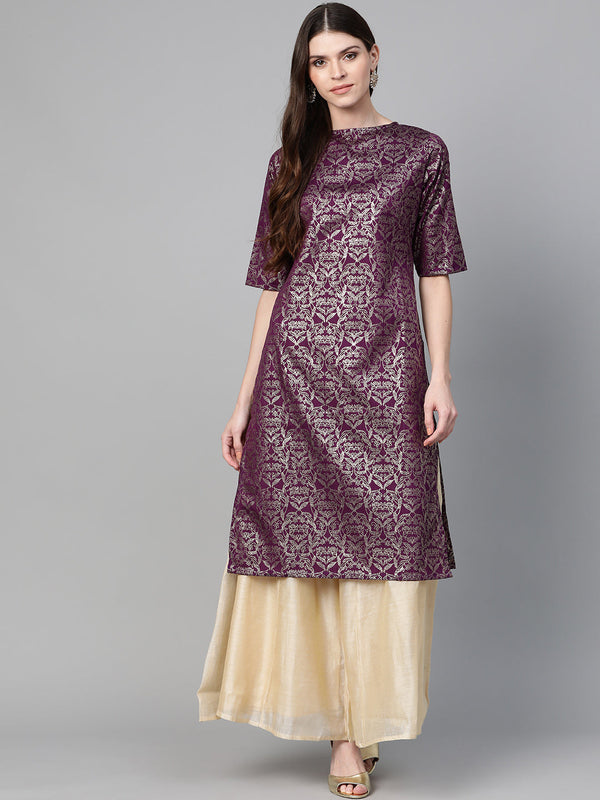 Women's Purple & Golden Block Print Straight Kurta - Bhama Couture