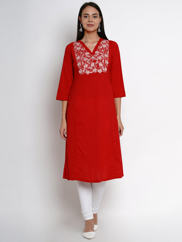 Women's  Red Kurta With White Yoke Embroidered Design Straight Kurta - Bhama Couture