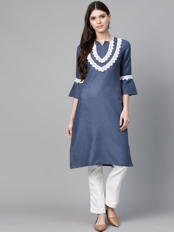 Women's Navy Blue Yoke Design Straight Kurta - Bhama Couture