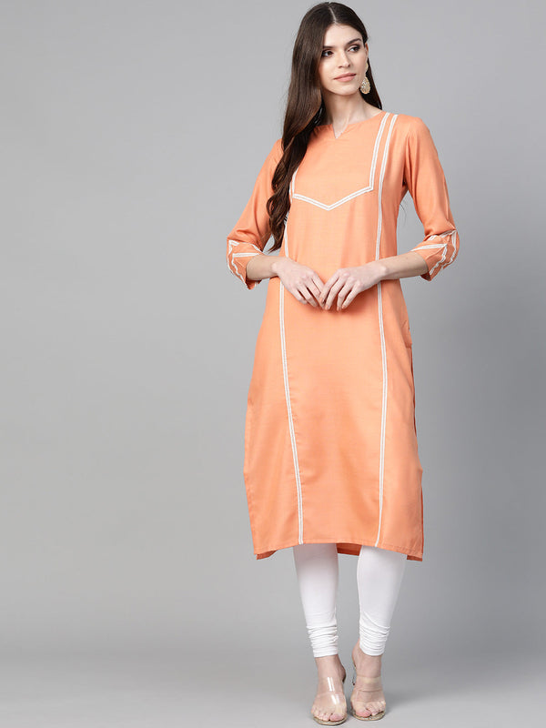 Women's Peach-Coloured Solid Straight Kurta - Bhama Couture