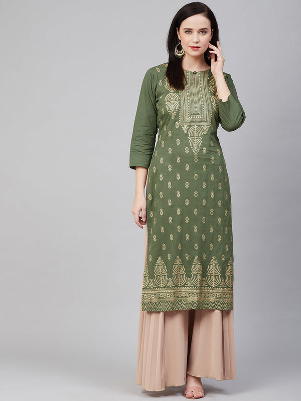 Women's Olive Green Ethnic Motifs Keyhole Neck Kurta - Bhama Couture