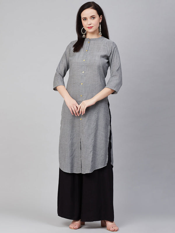 Jashvi Women Charcoal Grey & White Self-Striped Straight Kurta