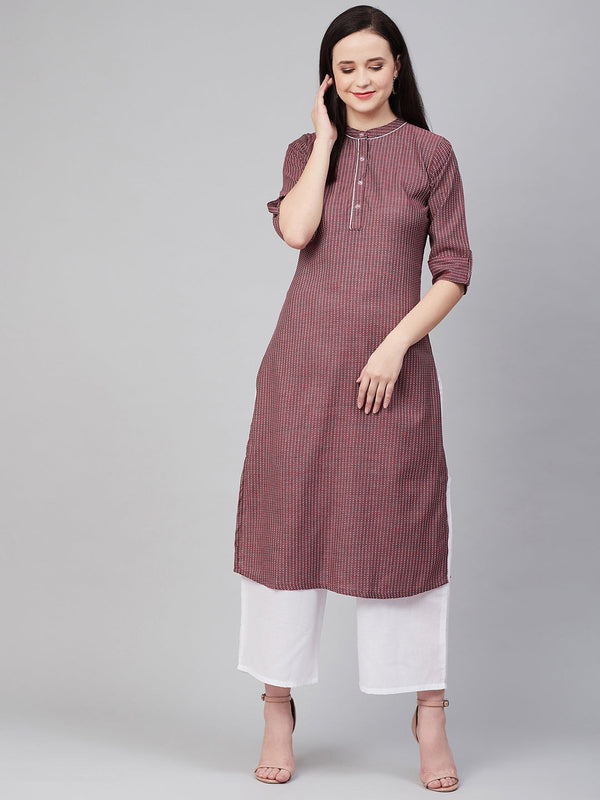 Women's Maroon Striped Thread Work Kurta - Bhama Couture