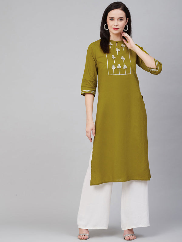 Women's Olive Green And Silver-Toned Embellished Kurta - Bhama Couture