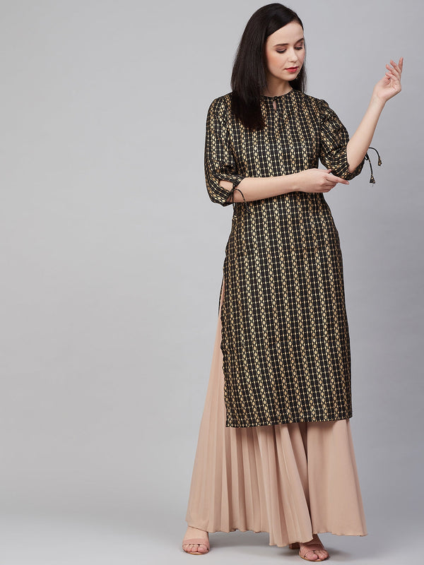 Jashvi Black & Golden Block Print Straight Kurta