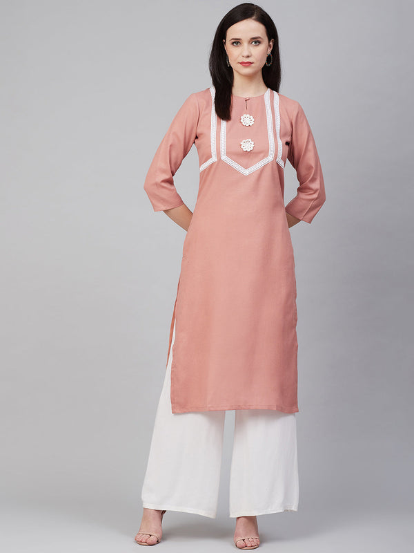 Jashvi Peach-Coloured & White Lace Detailed Straight Kurta