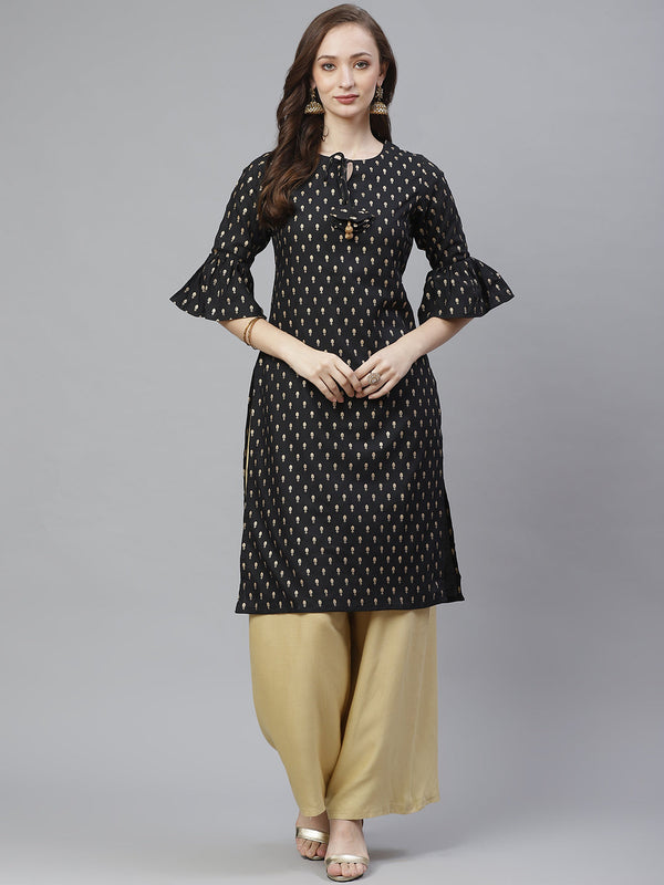 Jashvi Black & Golden Ethnic Block Printed Straight Kurta