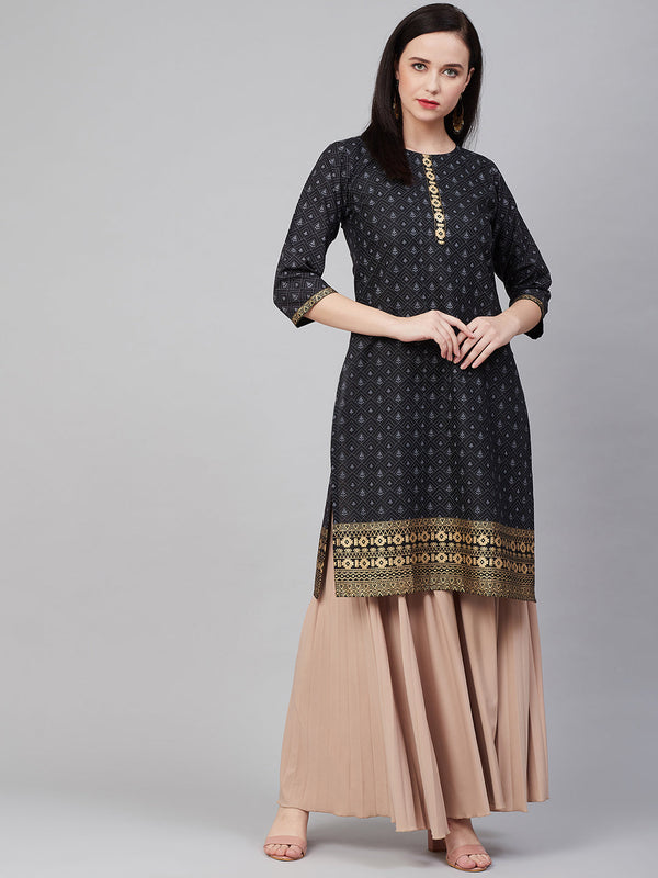 Jashvi Black Golden Block Print Straight Kurta