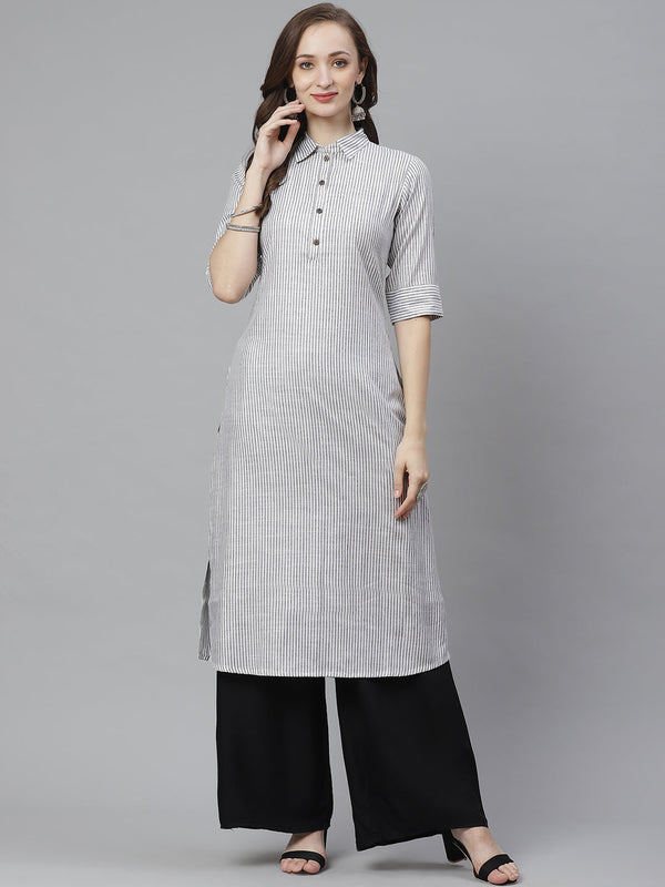 Women's White & Grey Striped Straight Kurta - Bhama Couture