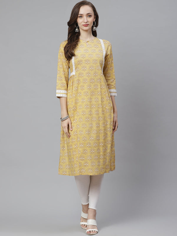 Women's Yellow & Beige Ethnic Print A-Line Kurta - Bhama Couture